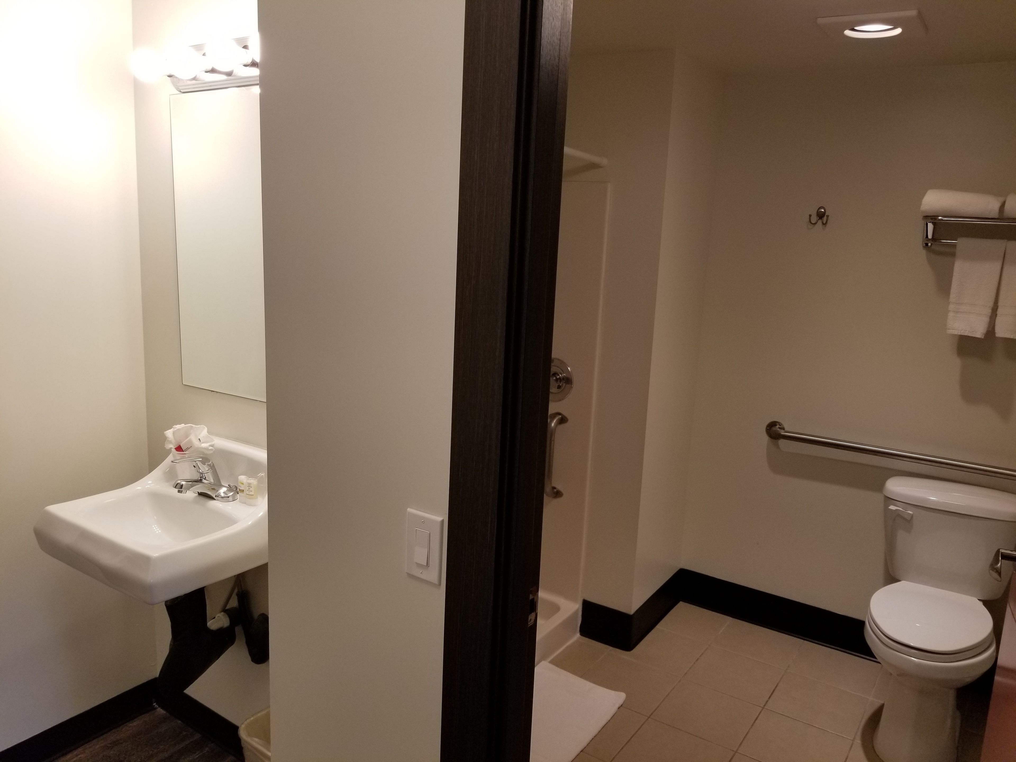 Shower, free toiletries, hair dryer, towels