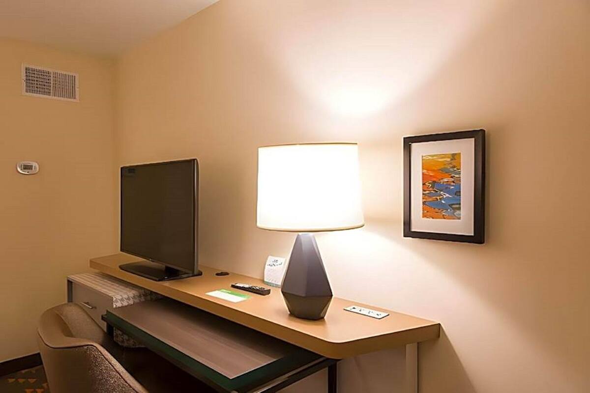 A hotel room with a desk, a television, a lamp, a framed picture, and a chair.