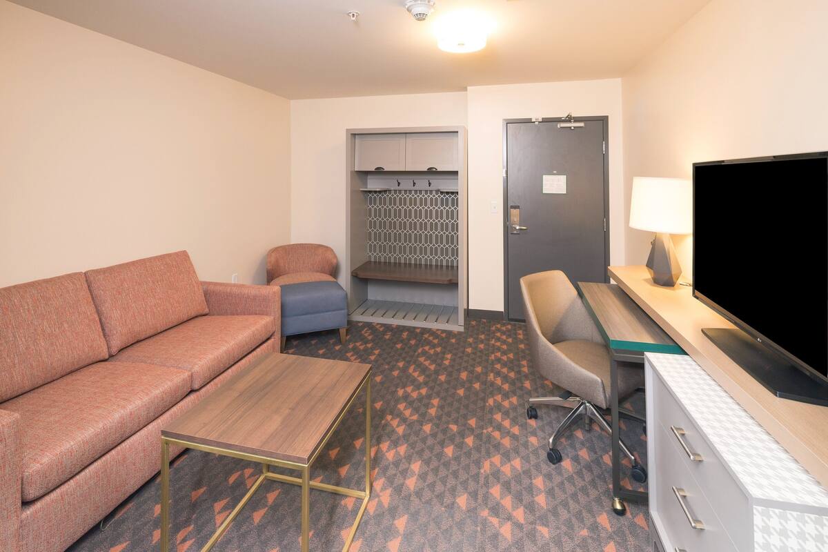 A hotel room with a sofa, a small table, a desk with a computer, a TV, and a wardrobe with a patterned door.