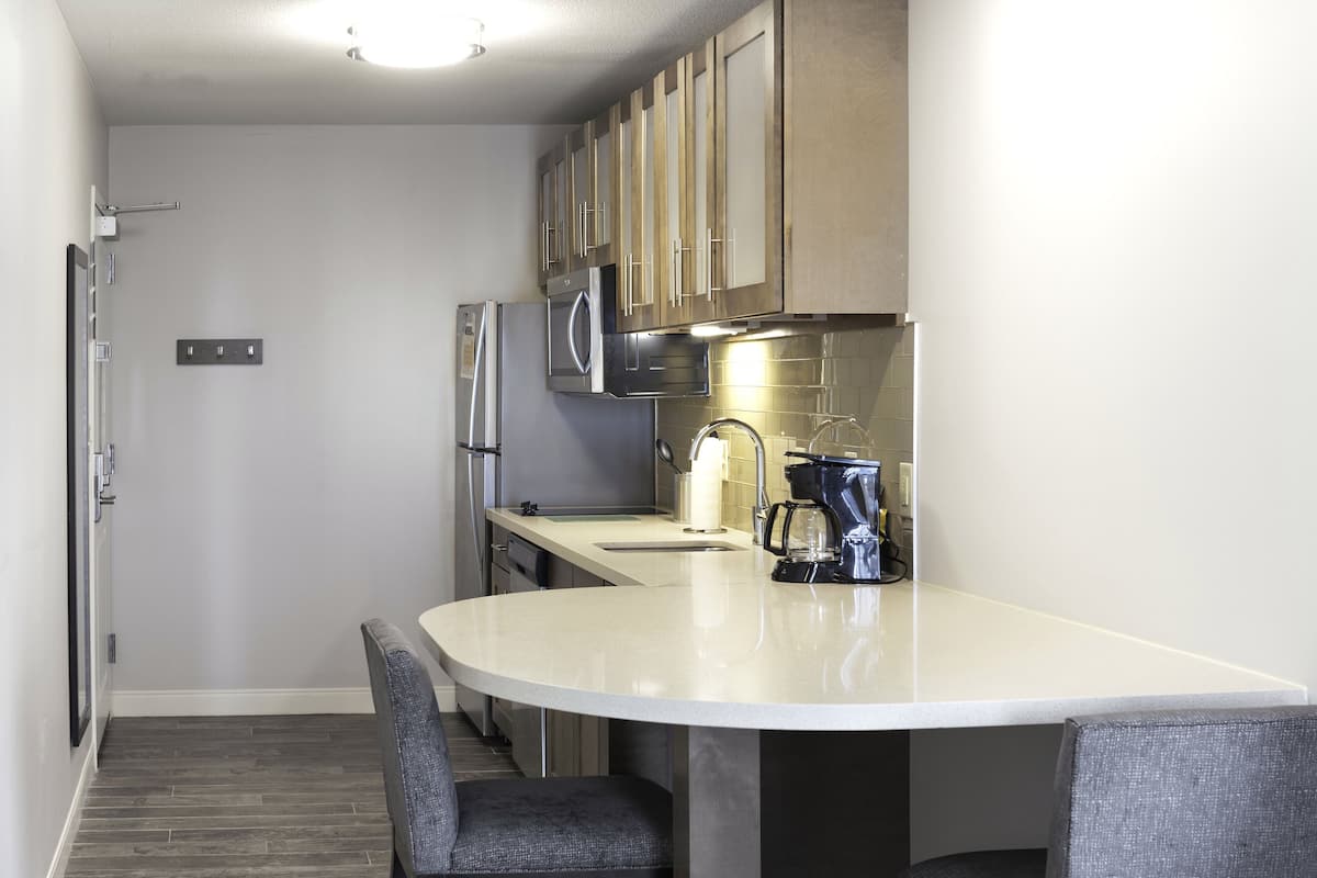 Full-sized fridge, microwave, stovetop, dishwasher