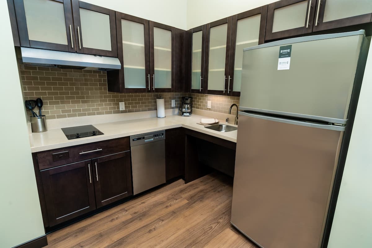 Full-size fridge, microwave, stovetop, dishwasher