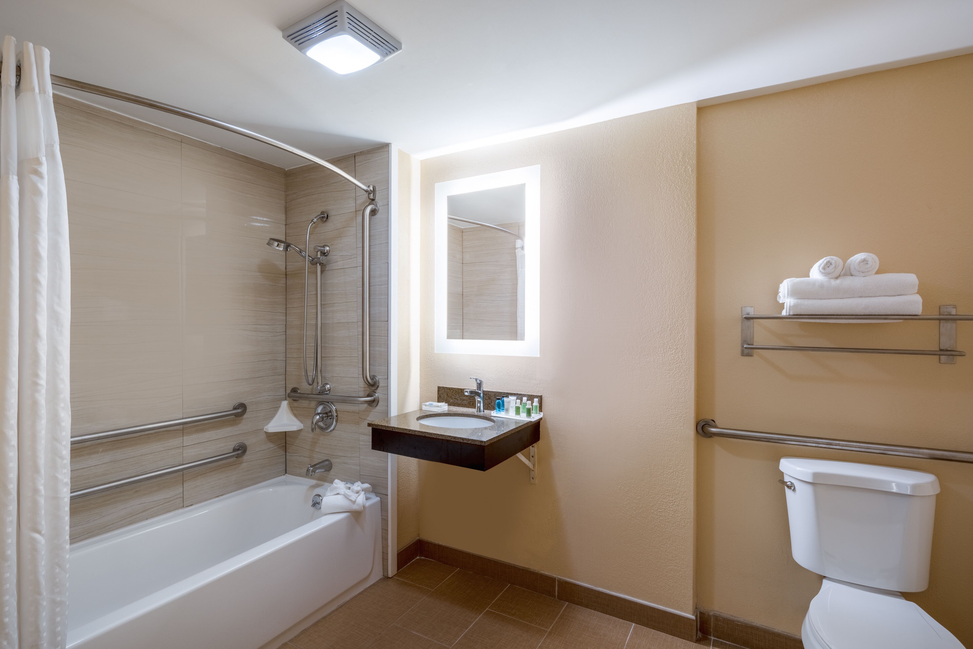 Une salle de bain moderne équipée d’une baignoire, d’une douche, d’un lavabo et de toilettes.