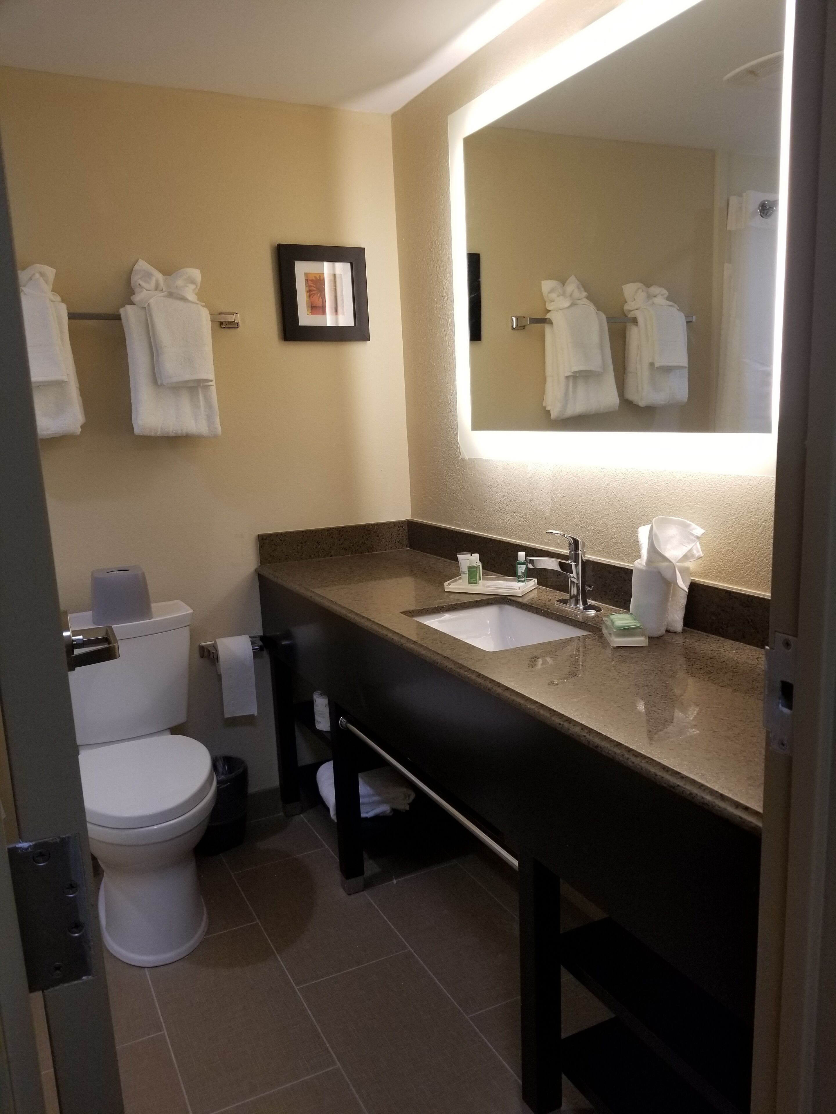 Un baño con inodoro, lavabo y un espejo grande. Hay toallas colgadas en un perchero y un cuadro enmarcado en la pared.