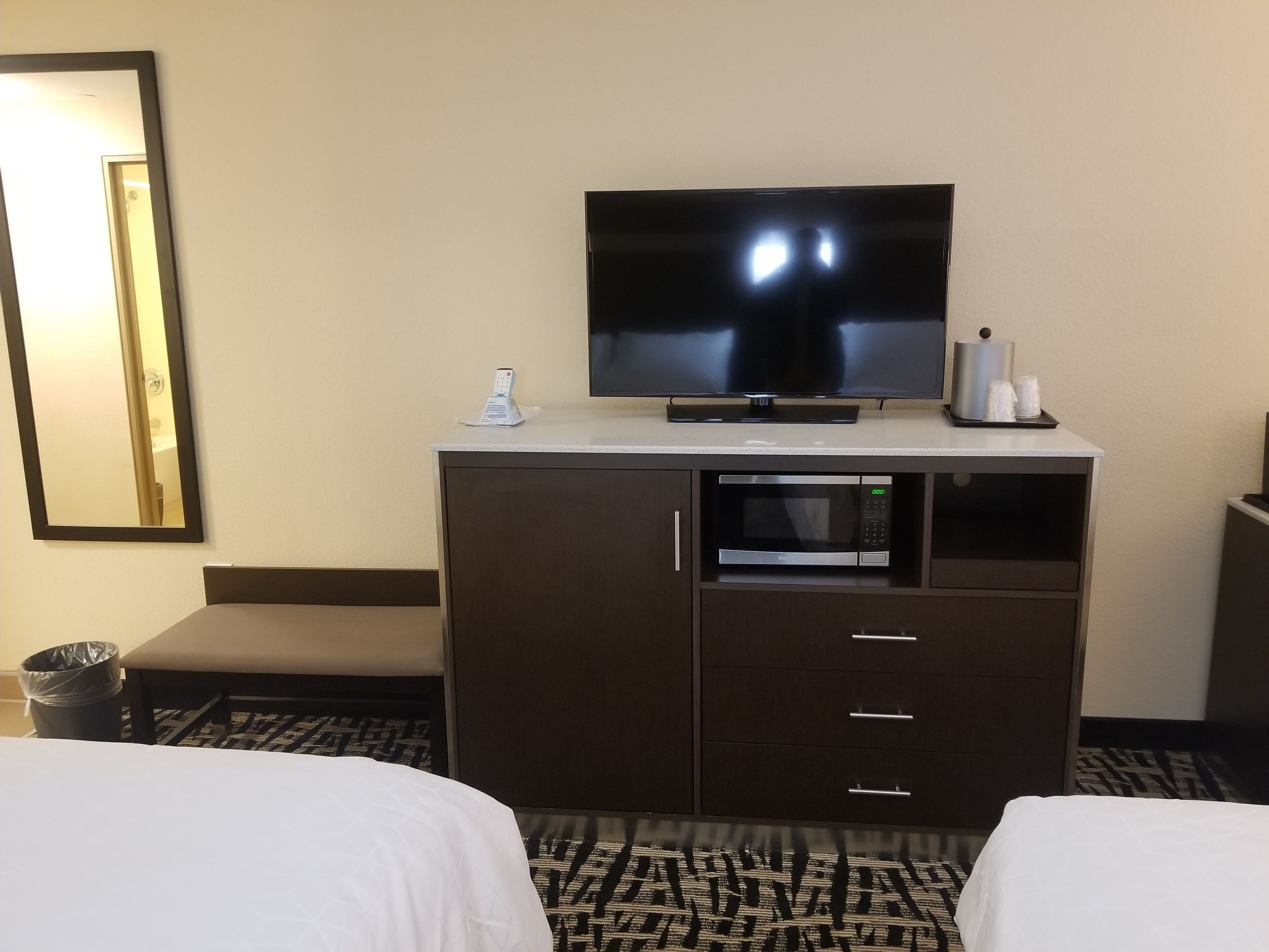Une chambre d’hôtel équipée d’une télévision, d’un mini-bar, d’un four à micro-ondes et de deux lits.