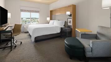 A hotel room with a bed, a desk with a chair, a TV, a lamp, and a view of the city.