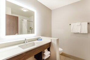 A bathroom with a large mirror, a sink, a toilet, and a towel rack.
