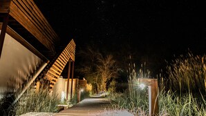 A wooden pathway leading to a building with a sloped roof, surrounded by tall grasses and trees under a starry night sky.