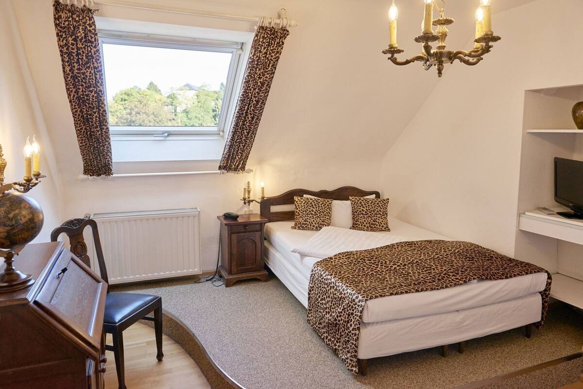 A bedroom with a bed, a desk, a chair, a window with curtains, a radiator, a chandelier, and a television.