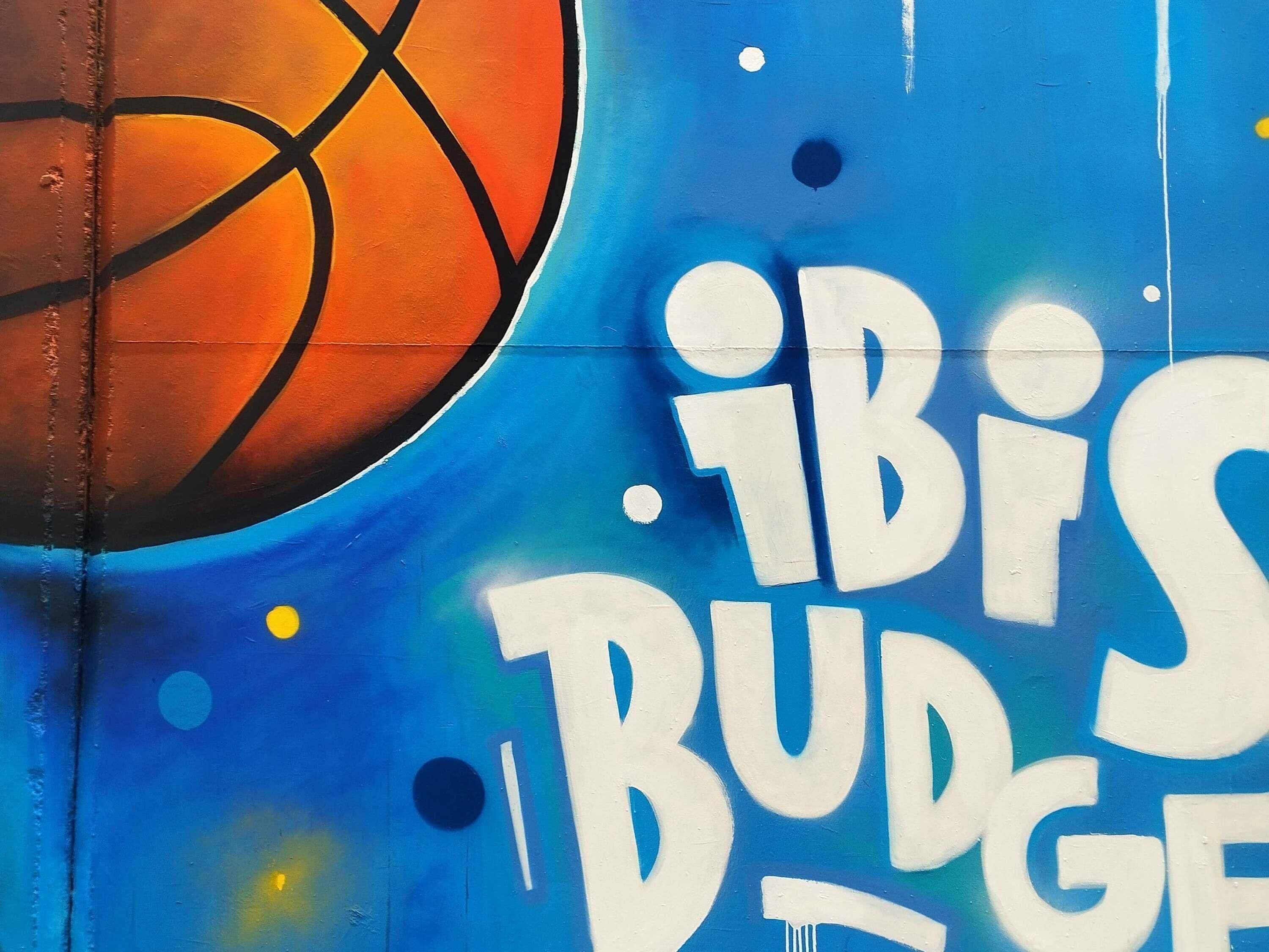 A basketball with the text 'iBIS BUDGE' in white on a blue background.