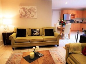 Smart TV, fireplace, DVD player, books