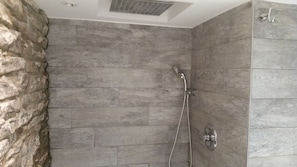 Combined shower/bathtub, hair dryer, towels, soap