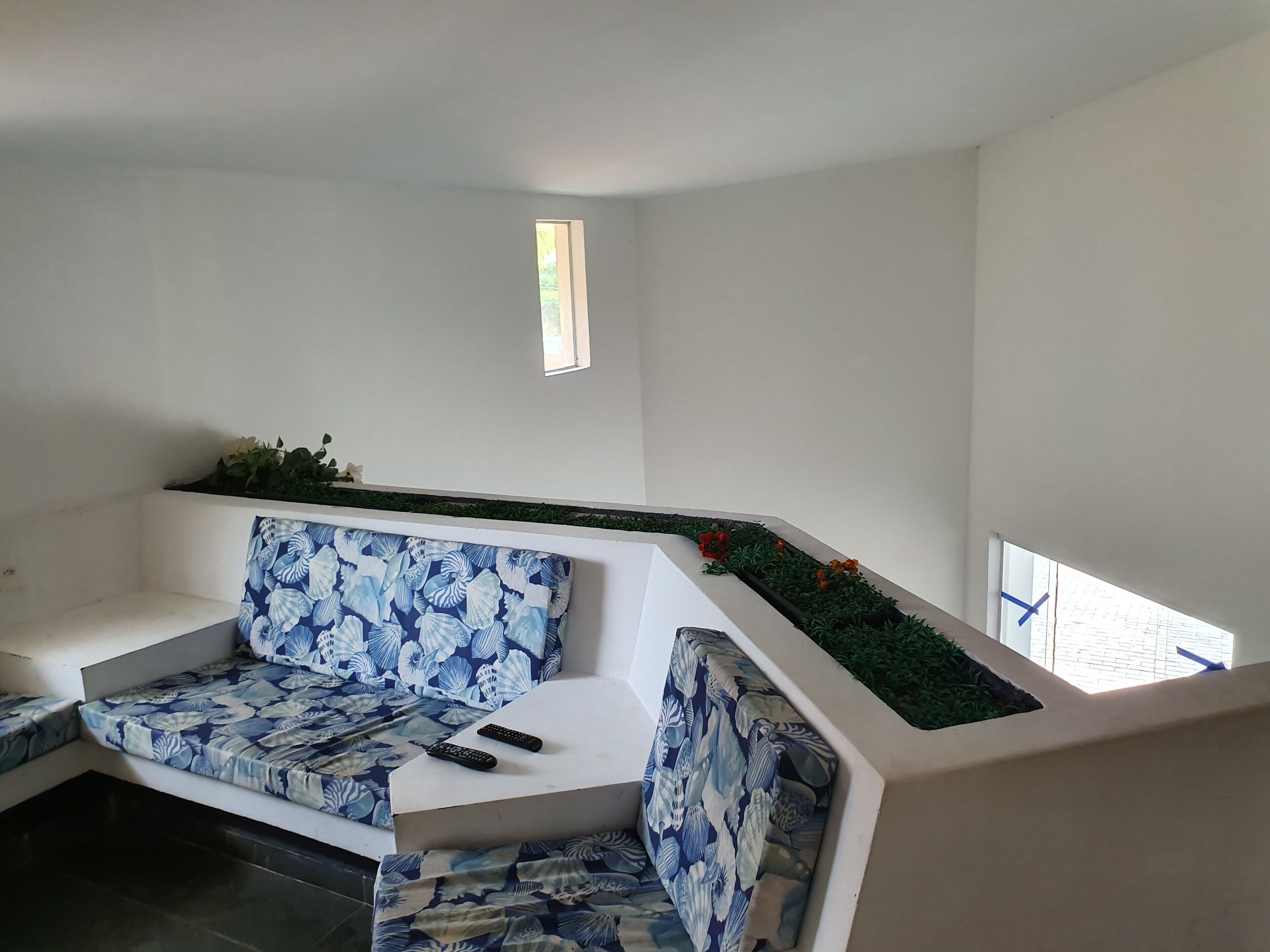A modern living room with a sofa and a coffee table, a small window, and a plant on the windowsill.