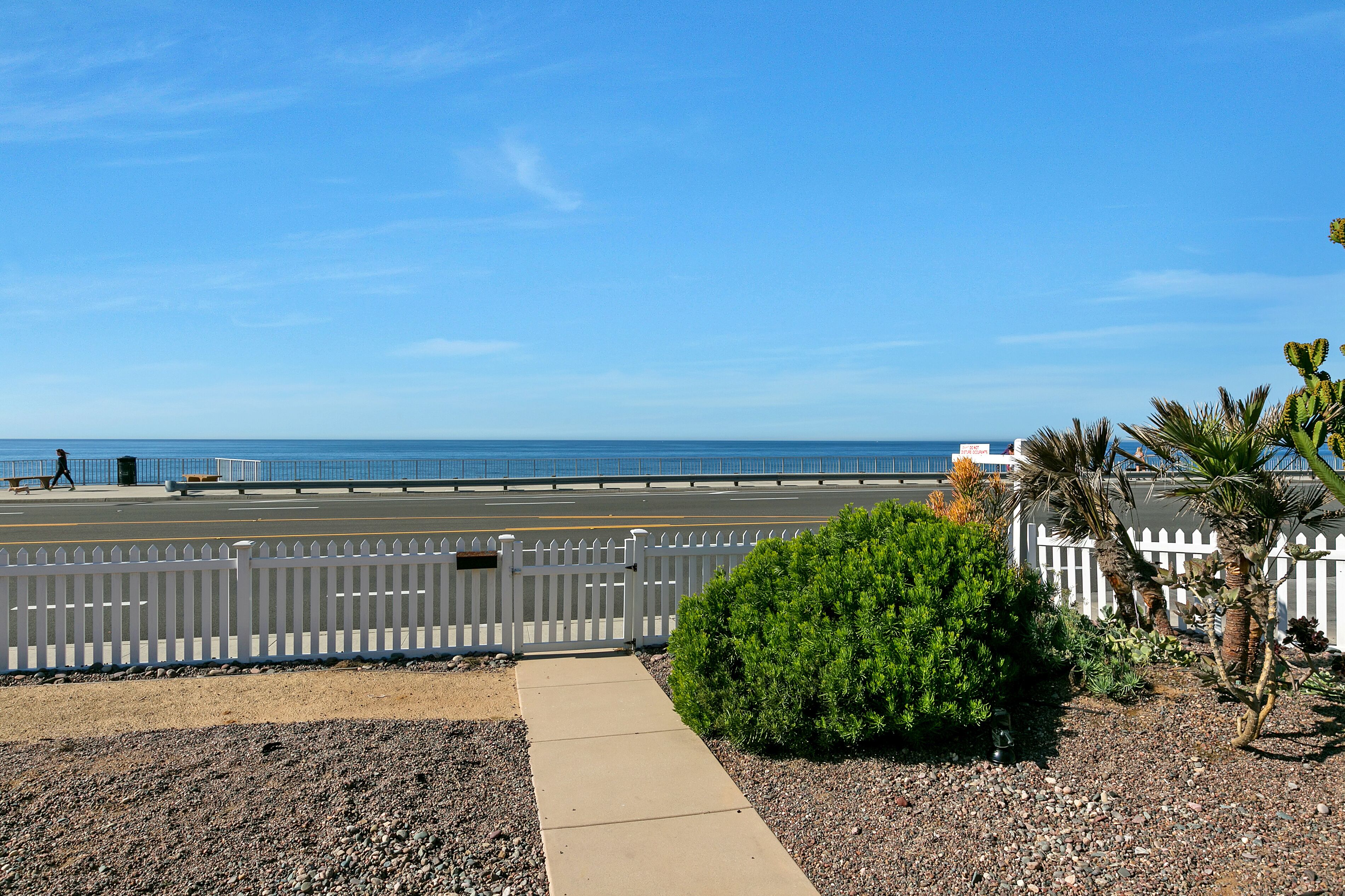 A coastal road with a white fence, a sidewalk, and a small bush.