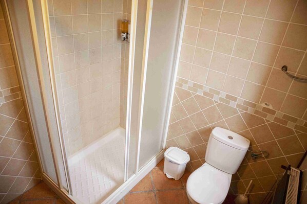 A bathroom with a shower, toilet, and tiled floor.