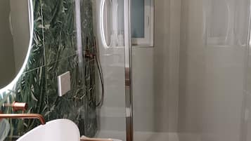 Shower, hair dryer, bidet, towels