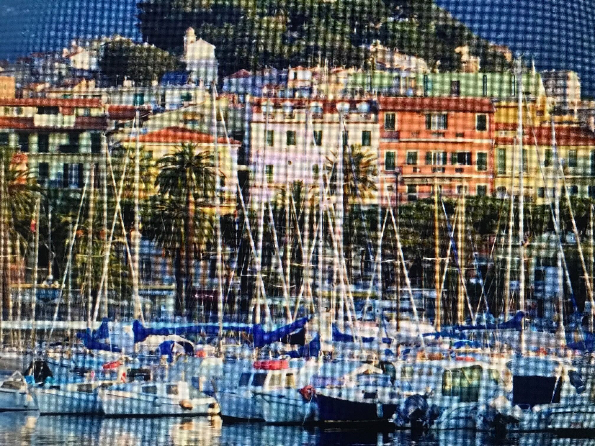 A marina with multiple boats docked, surrounded by colorful buildings and palm trees.
