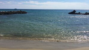 A beach with clear water, a sandy shore, and rocky outcrops. - A Roof Between the Sky and the Sea (Sanremo)