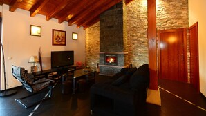 A cozy living room with a fireplace, a sofa, a TV, and a dining area. - Charming apartment with mountain views for 4 people, Casa Angiz Etxea 1 (Sunbilla)