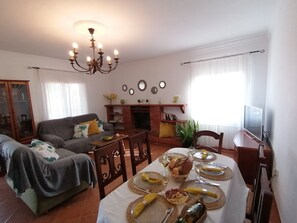 Smart-TV, Kamin, DVD-Player, Bücher