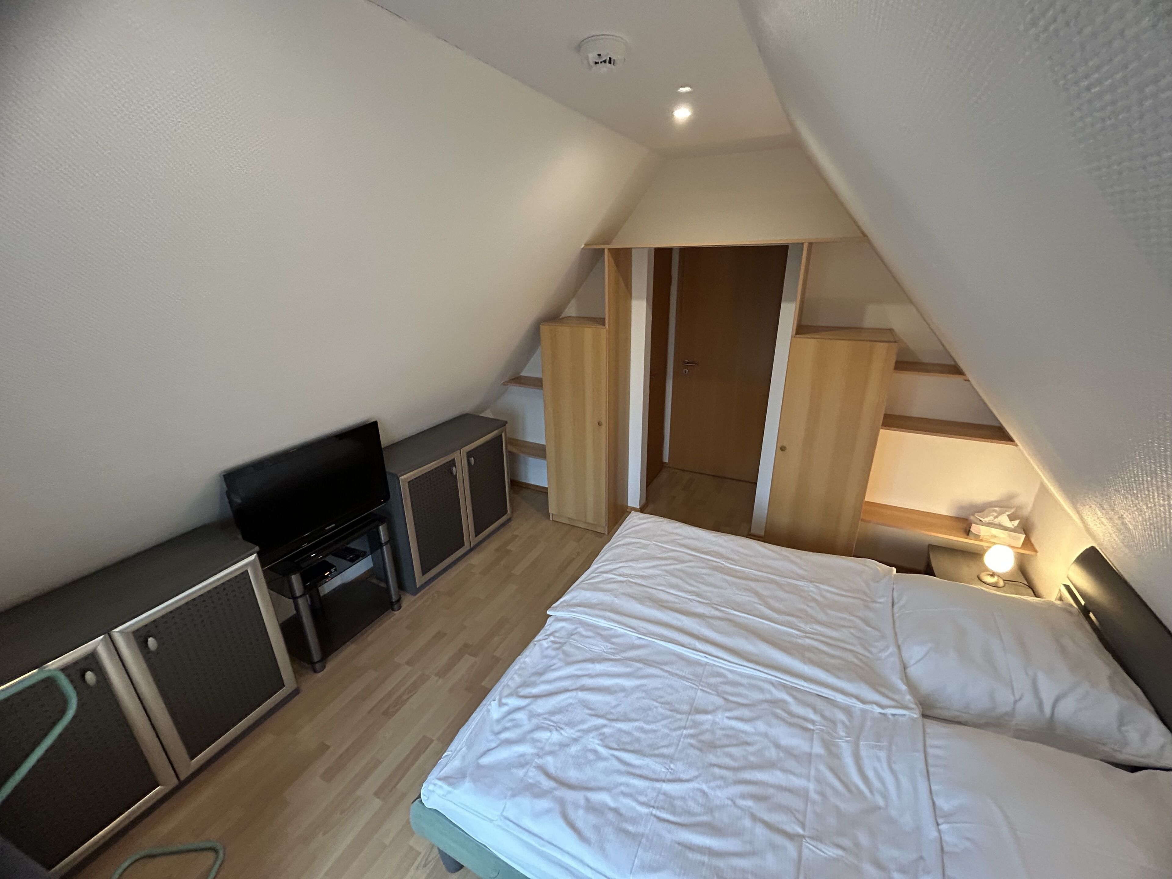 Un dormitorio con cama, televisor, escritorio y armario.