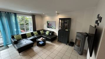 Smart TV, fireplace, DVD player, books