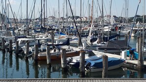 Un port de plaisance où de nombreux bateaux sont amarrés à des quais en bois.