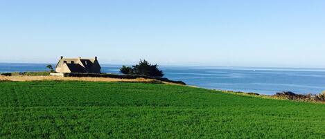 A coastal landscape with a house on a grassy field and the sea in the background.