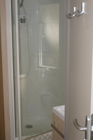 Shower, hair dryer, toilet paper