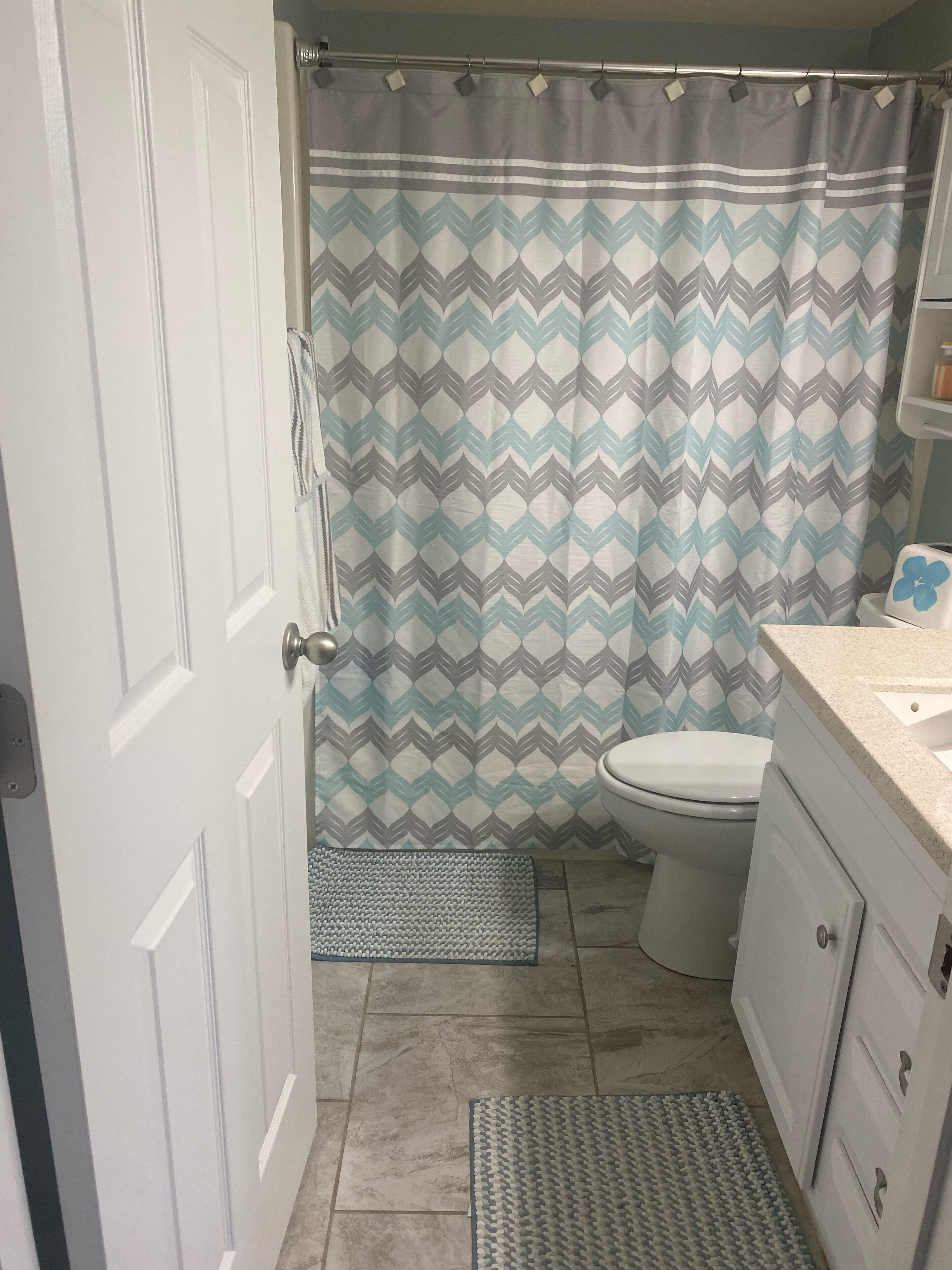 Hair dryer, towels, soap, shampoo