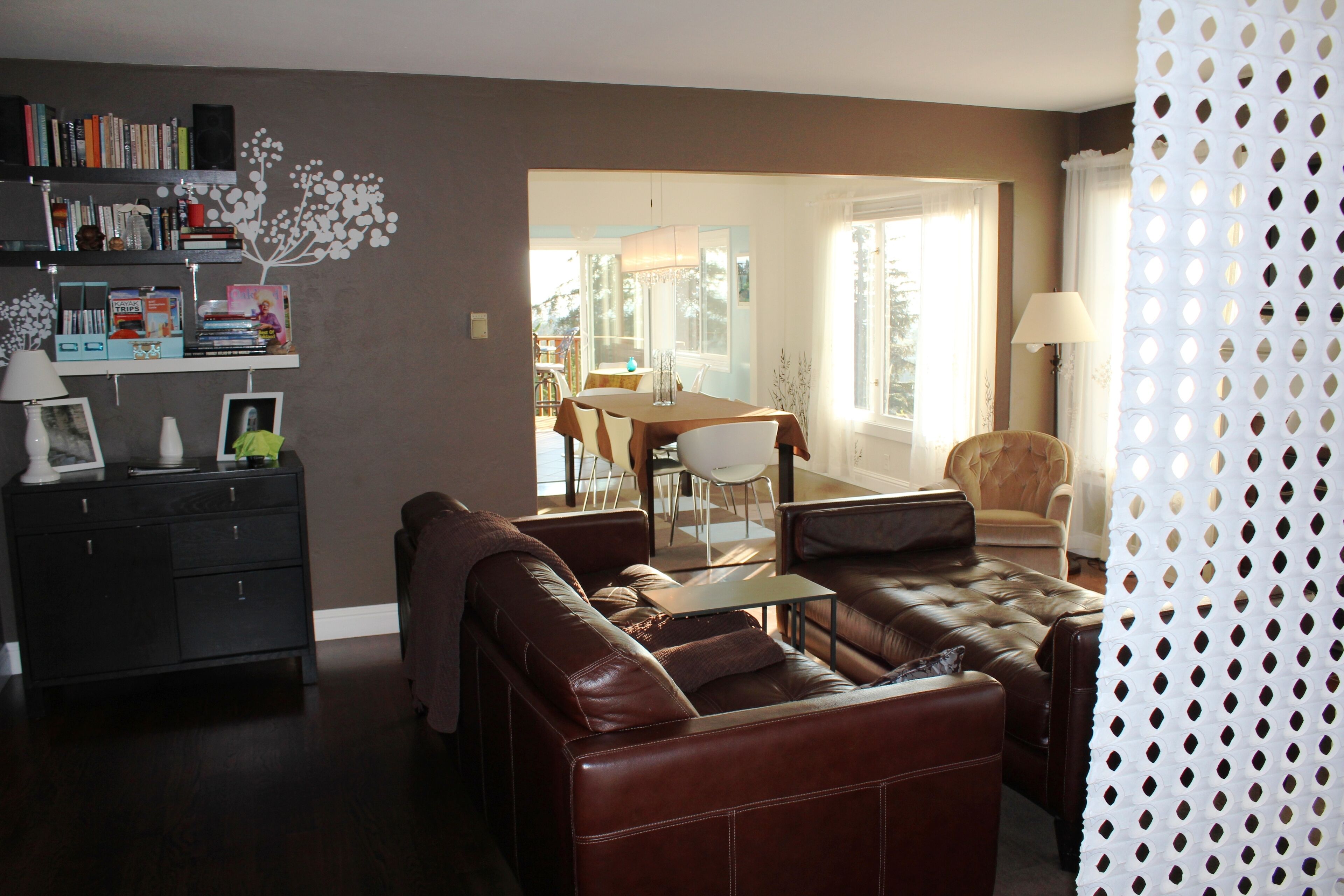Flat-screen TV, fireplace, DVD player, books
