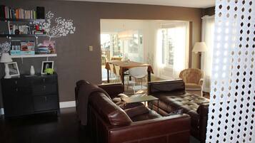 Flat-screen TV, fireplace, DVD player, books
