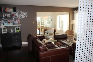 Flat-screen TV, fireplace, DVD player, books