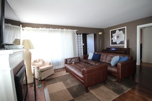 Flat-screen TV, fireplace, DVD player, books