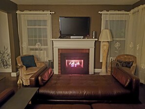 Taulutelevisio, takka, DVD-soitin, kirjoja