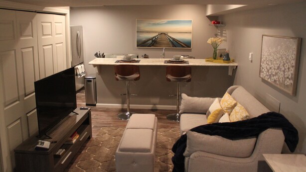 A compact living space with a TV, seating area, kitchenette, and artwork. - Luxury Apartment Close to Mayo and St. Mary s......... (Rochester)