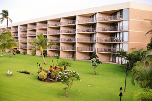 Un hotel a più piani con balconi, un prato curato e palme.