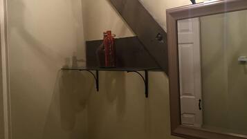 Combined shower/tub, hair dryer, towels, toilet paper