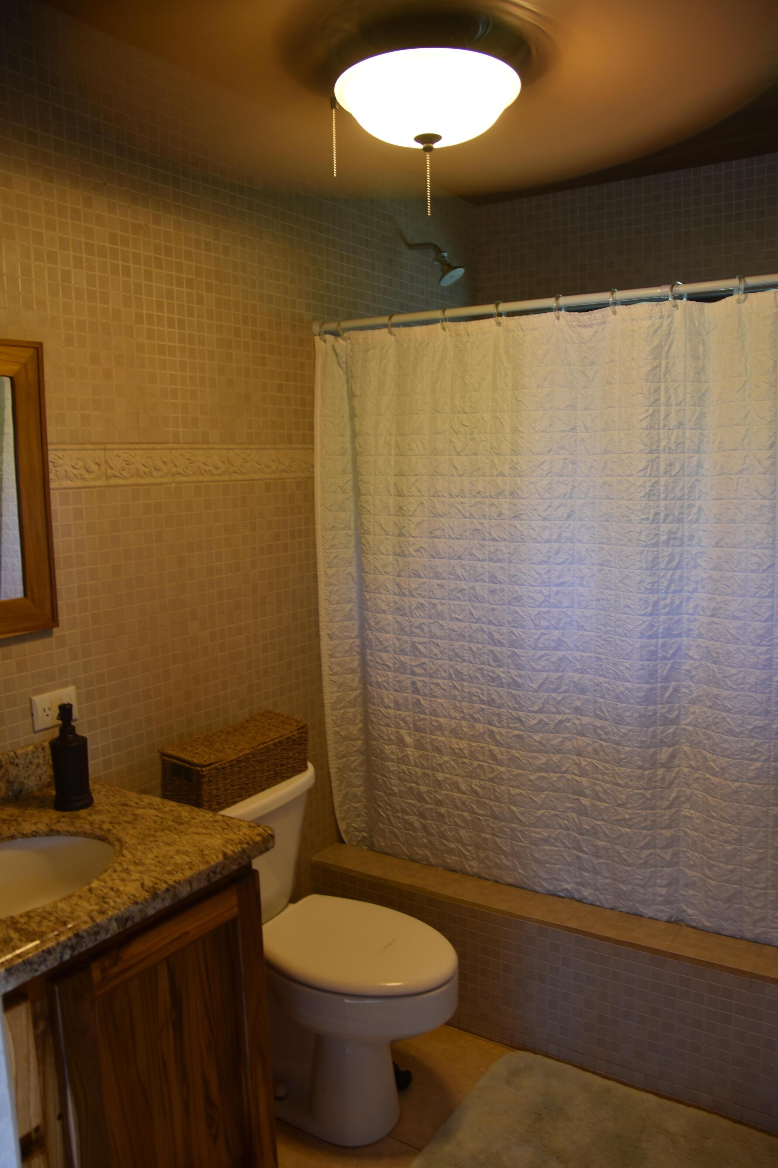 A bathroom with a toilet, a sink, a mirror, and a shower curtain.