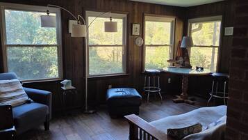 Smart TV, fireplace, DVD player, books
