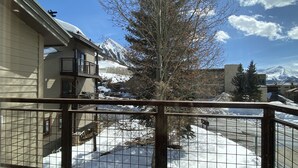 Un balcone con vista su una montagna innevata e un albero.