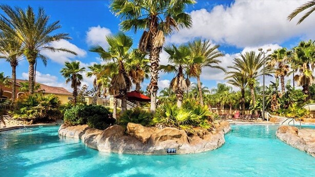 Una piscina rodeada de palmeras y rocas.
