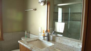 Combined shower/bathtub, hair dryer, towels, soap