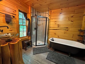 Hair dryer, towels, soap, shampoo - Stay in a Real Log Cabin! - Private Creekside Cozy Creek Cabin with Hot Tub/Wifi (Purlear)