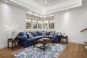 Smart TV, fireplace, DVD player, books