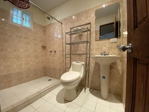 Suíte luxo, 1 cama Queen e sofá-cama, para não fumantes, vista para o jardim | Banheiro | Chuveiro, chuveiro com efeito de chuva, toalhas de banho, sabonete