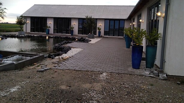 Un edificio moderno con un sendero pavimentado, un pequeño estanque y grandes macetas con plantas.