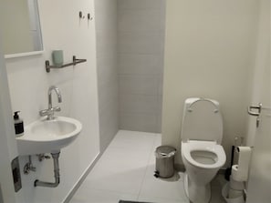 Un baño con lavamanos, inodoro y cubo de basura.