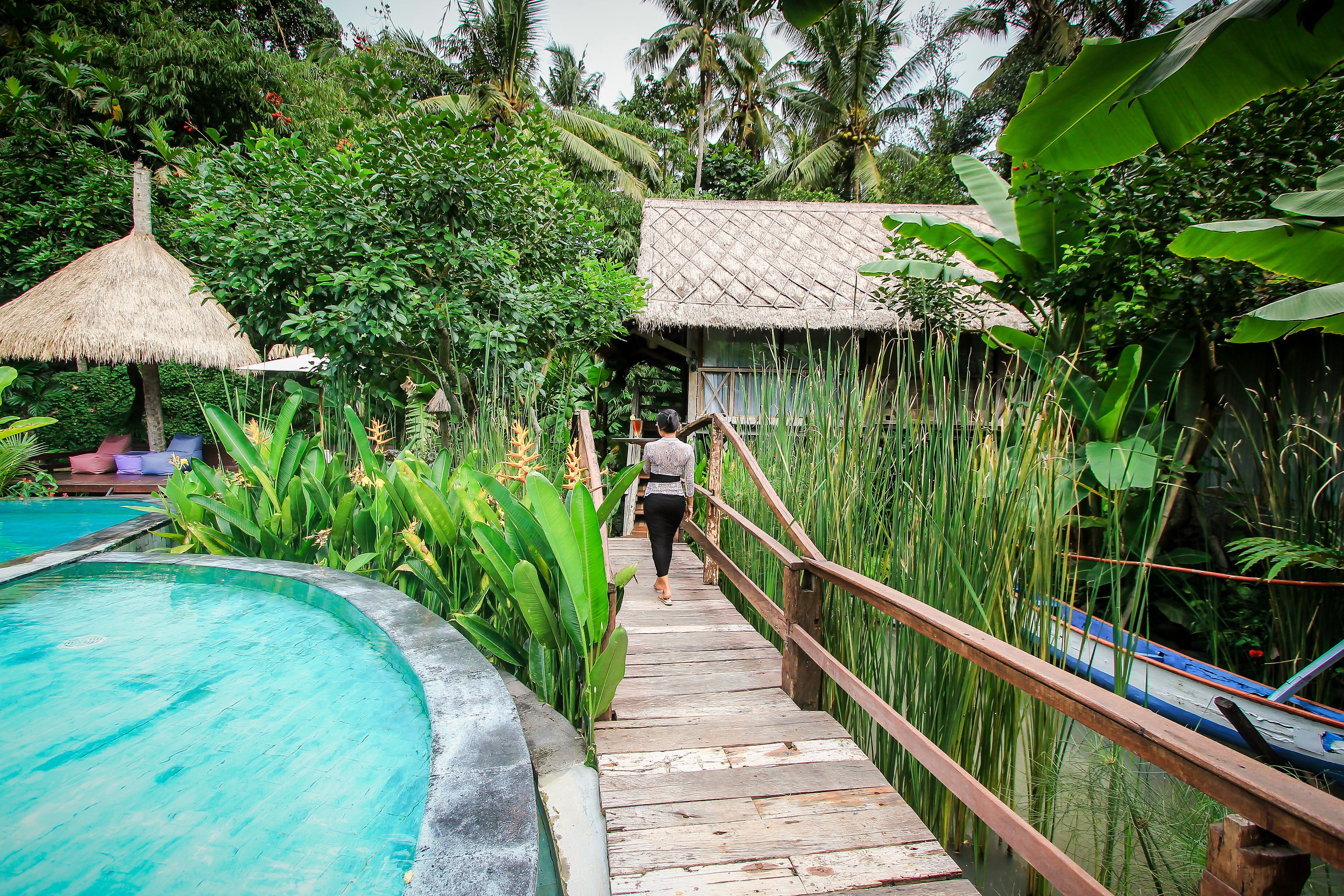 A wooden staircase leading to a thatched-roof structure surrounded by lush greenery.
