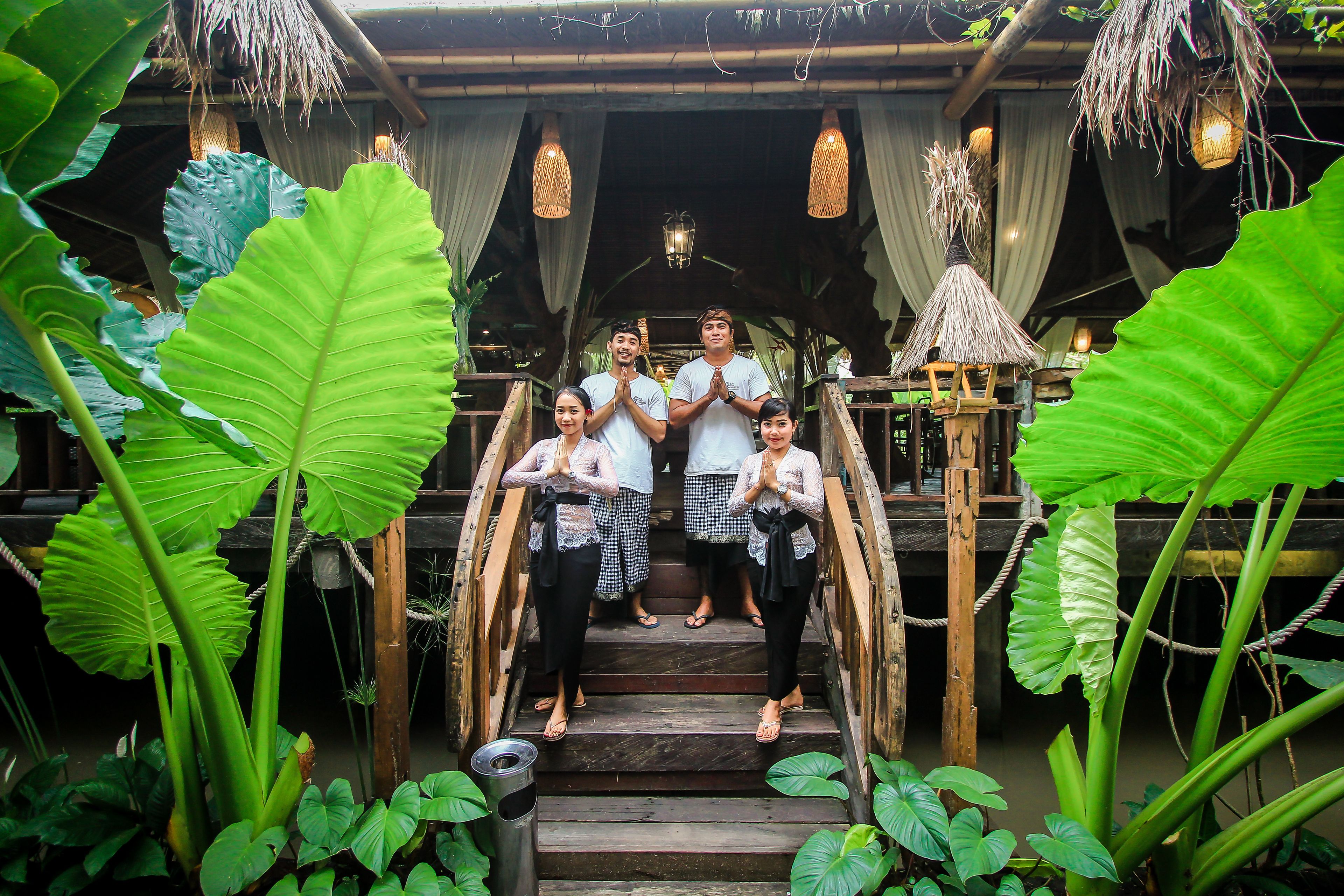 A wooden staircase surrounded by large green leaves, leading to a covered area with hanging lights and a thatched roof structure.