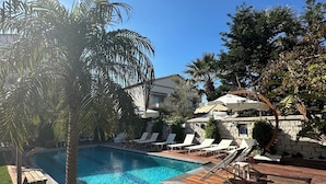 A swimming pool with wooden deck and lounge chairs, surrounded by palm trees and a stone wall.